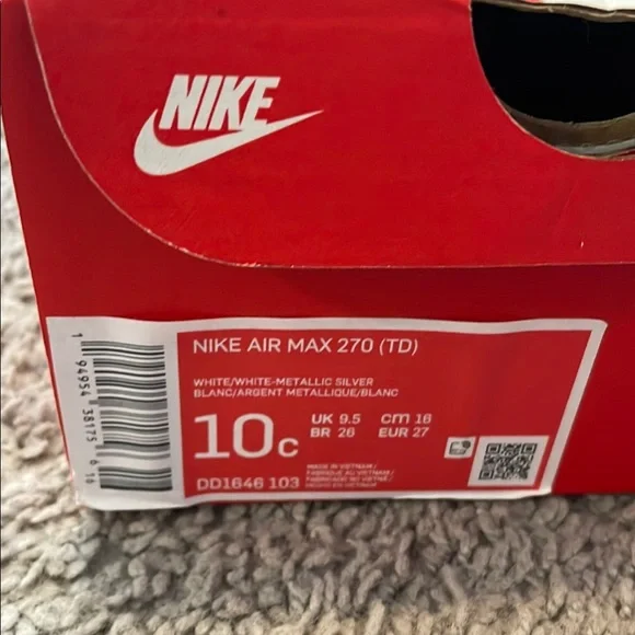 NWT/NWB - Kids Nike Air Max 270 (TD) White Sneakers Size 10C - Picture 4 of 7